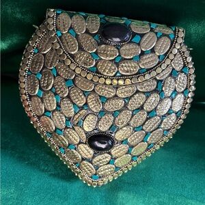 Ramla Handmade Gold and Black Embellished Women's Bag with Gold Chain